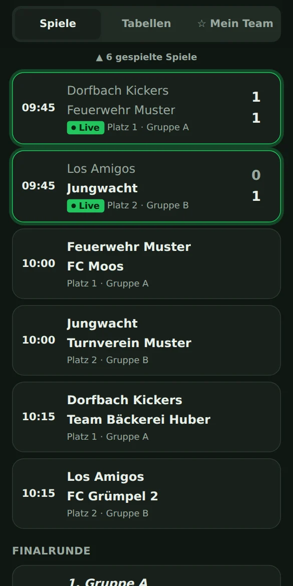 Live-Spielplan auf spielplan.app mit zwei laufenden Spielen