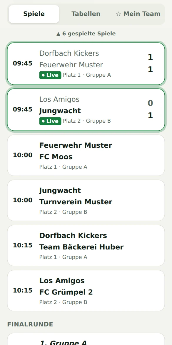 Live-Spielplan auf spielplan.app mit zwei laufenden Spielen